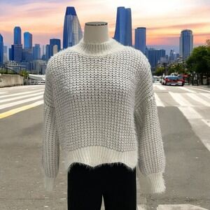 Textured Knit Oversized Sweater S/M White Soft‎ Fluffy Cozy Winter Boho Minimal